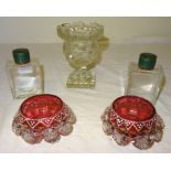 A 19th Century cut glass Vase on a square foot. 5" (12 1/2cms) high, pair of cranberry glass salts