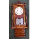 A late 19th Century Wall Clock with white dial and bell strike in inlaid mahogany case with glazed
