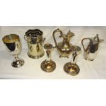 A pair of Victorian plated on copper telescopic Candlesticks, plated Challenge Cup, Bottle Stand,