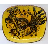 •James Walford (1913-2003); a Slip Ware oblong shallow Dish decorated with a cockerel. 12 1/2" (