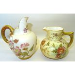 A late Victorian Royal Worcester Jug painted with floral sprays on a blush ivory ground and with