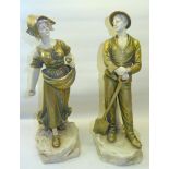 A pair of early 20th century Austrian Figures of a man holding a spade, the woman scattering