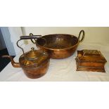 A copper two handled Pan, 17" (43cms) diameter, a copper Kettle and a copper Box.