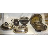 Two plated Cake Dishes with swing handles, oval Entrée Dish and Cover, oblong Entrée Dish and Cover,