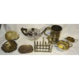 A Sheffield plate Mug, plated three piece circular Teaset, assorted plated Cutlery, Toast Rack,