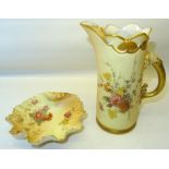 A late Victorian Royal Worcester Jug painted with floral sprays on a blush ivory ground and with