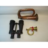 A pair of Binoculars, old copper bugle, etc.