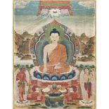 THANG-KA CON BUDDHA CENTRALE SEDUTO Tibet, XIX secolo - A THANG-KA WITH BUDDHA SEATED IN THE CENTRE