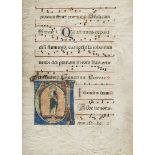 San Giovanni evangelista. Iniziale V miniata da antifonario su pergamena, scuola francese del secol