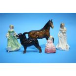 Three Doulton figures, a Doulton dog and a horse. (5)