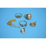 A Cameo ring and brooch, a 9ct ring , medallion etc.