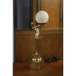 A pair of Art Deco style table lamps of a girl holding aloft the shade.