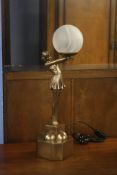 A pair of Art Deco style table lamps of a girl holding aloft the shade.