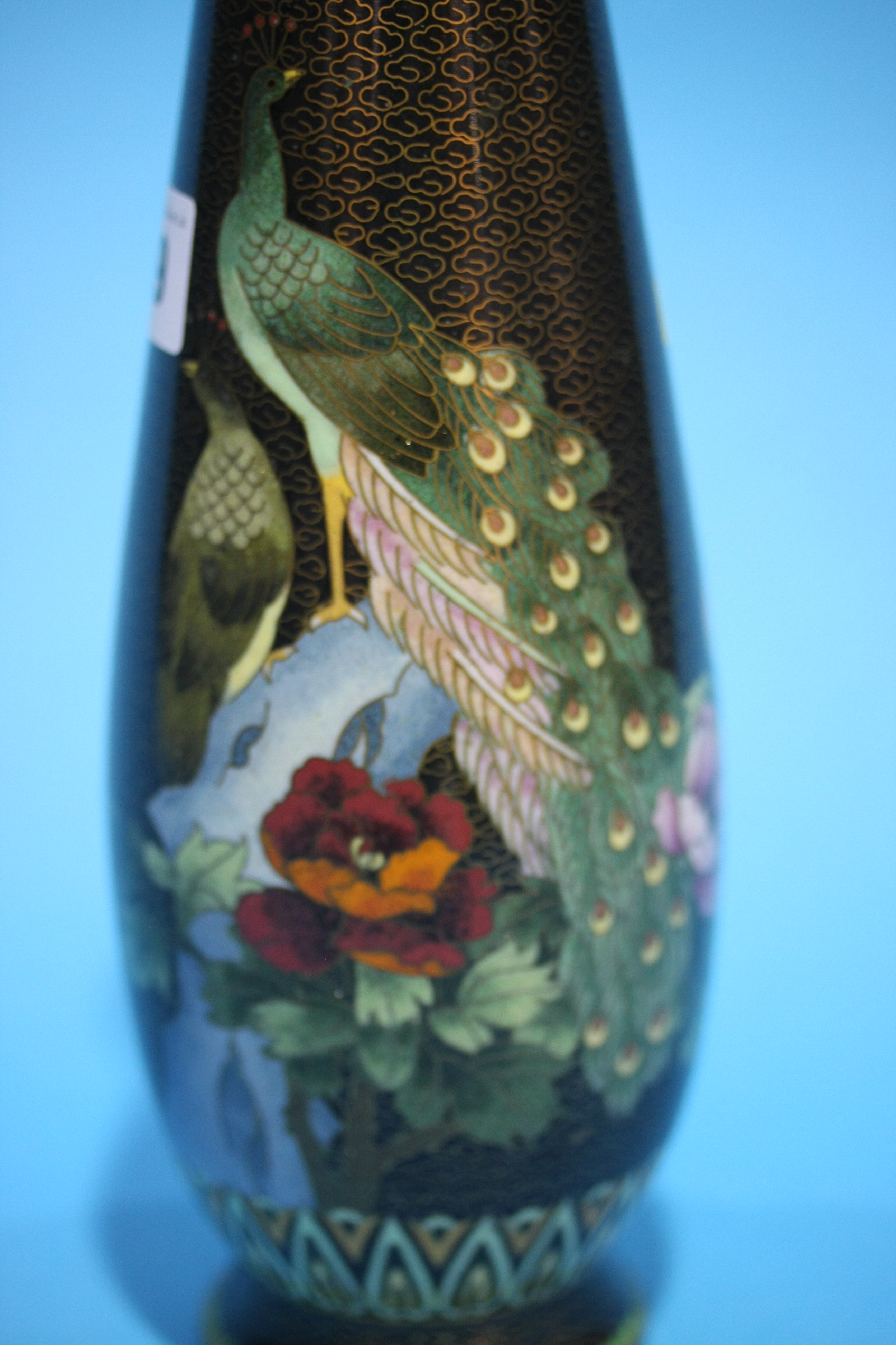 A tall tapering Cloissone vase, decorated with Peacocks. 25.5 cm high - Image 3 of 3