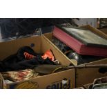 Box of linen, parasols and a box of glass, metalware etc.