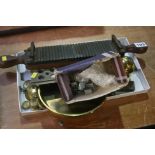 A pill makers tray, a cachet machine and various brass weights.