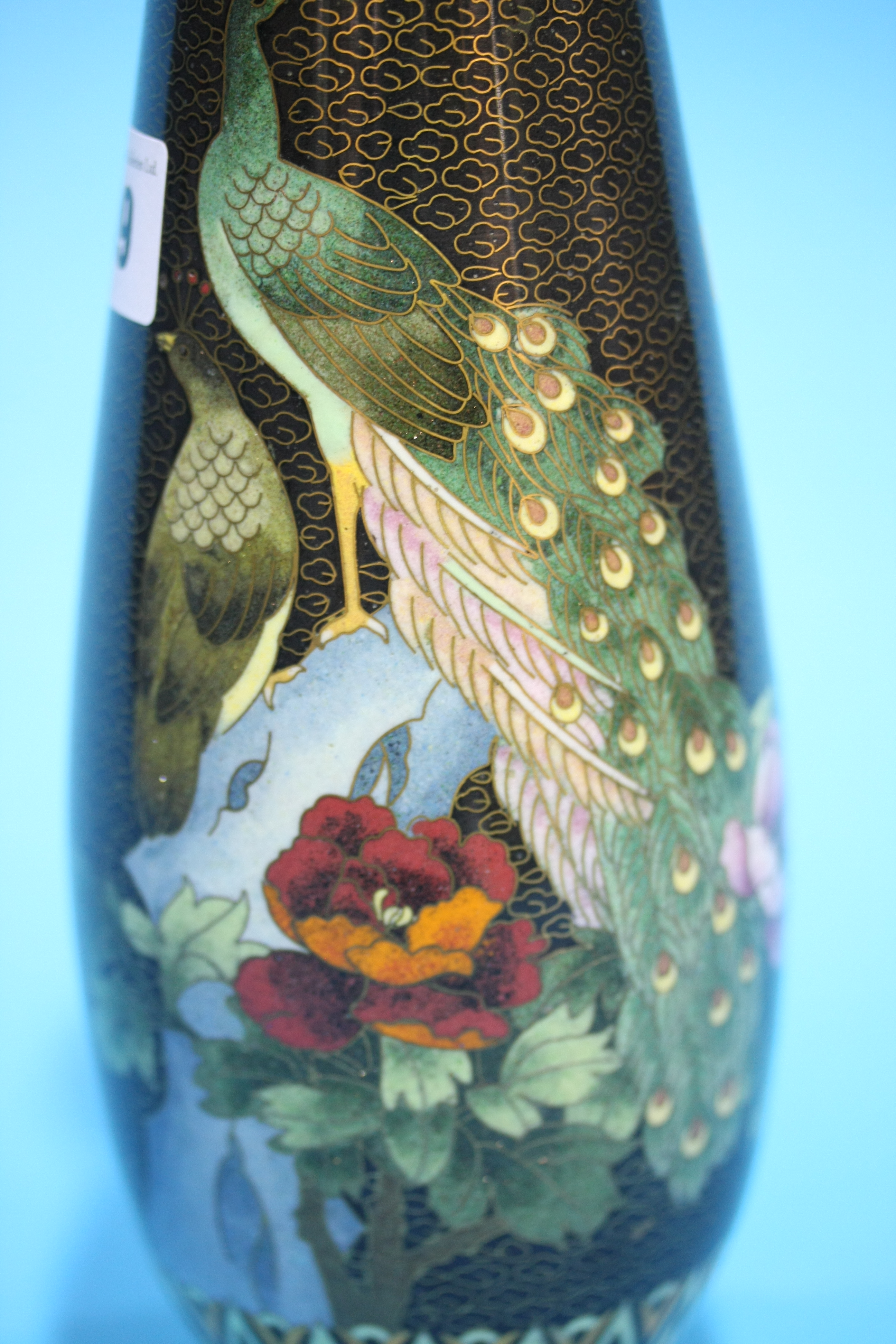 A tall tapering Cloissone vase, decorated with Peacocks. 25.5 cm high - Image 2 of 3