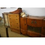 A walnut Cocktail sideboard, walnut china cabinet and an oak chest of drawers.