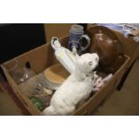 Box of china, including Staffordshire dog etc.