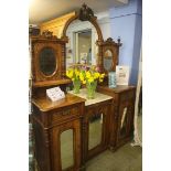 A Victorian walnut, marquetry inlaid and marble mirror back side cabinet, 150cm wide