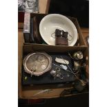 Two boxes of assorted, cutlery, silver plate etc.