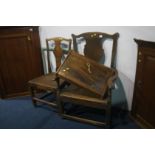 Two 19th century oak country chairs and a corner cabinet