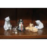 Two Lladro polar bears, Beswick cat etc.