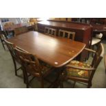 Oak table, six chairs and corner unit