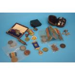 Tray to include various medals an Albert, pair of