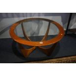 A G plan teak circular and glass top coffee table