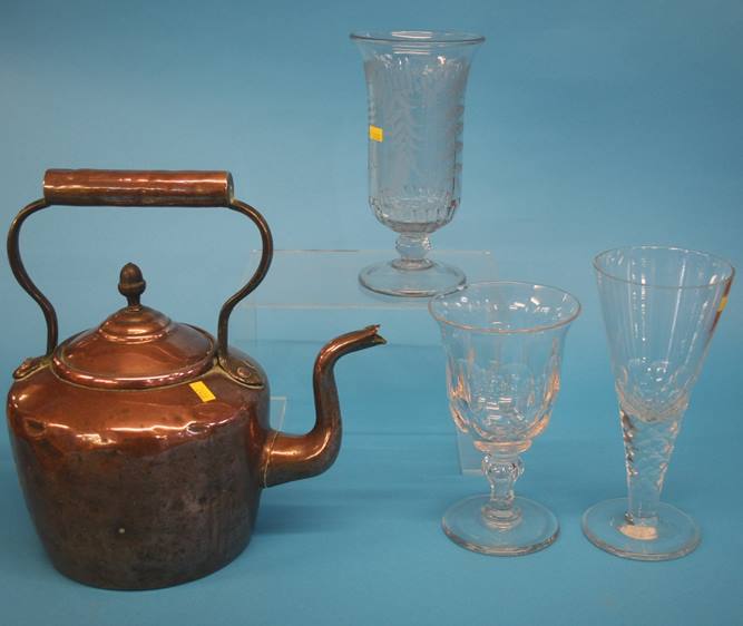 A copper kettle, celery vase and two glasses