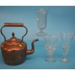 A copper kettle, celery vase and two glasses