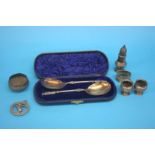 Pair of cased plated Apostle spoons, a silver pepper pot, napkin ring etc.