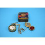 A Continental silver Ladies pocket watch, a plated sovereign case, watch chain etc.