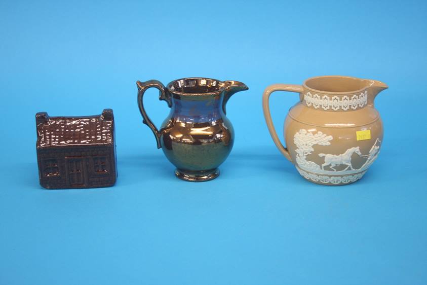 Four copper lustre jugs, a Royal Doulton vase, a late Spode jug and a treacle glaze money box (7) - Image 4 of 4