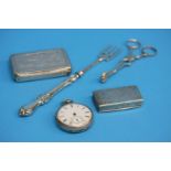 A silver snuff box, silver pocket watch, silver pickle fork etc.