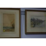 Two gilt framed watercolours, indistinct signatures, Landscape and a Beach scene