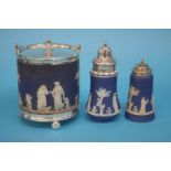 A Wedgwood Jasperware biscuit barrel with silver plated handle and mounts and two sugar sifters