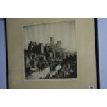 After Kenneth Stul, etching, Town with cathedral in background, signed in pencil, lower right