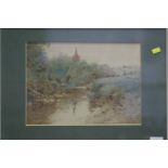 Oswald Garside, water colour, landscape with river and church steeple