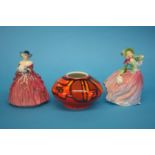 Two Royal Doulton figures 'Genevieve' and 'Autumn Breeze' and a Poole vase