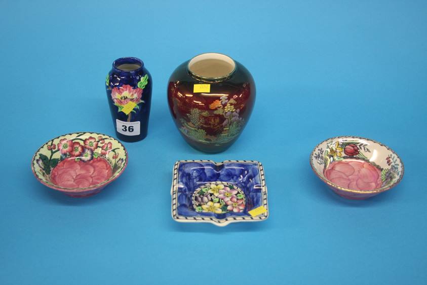 Maling ashtray, two pin dishes, a Crown Devon vase and one other