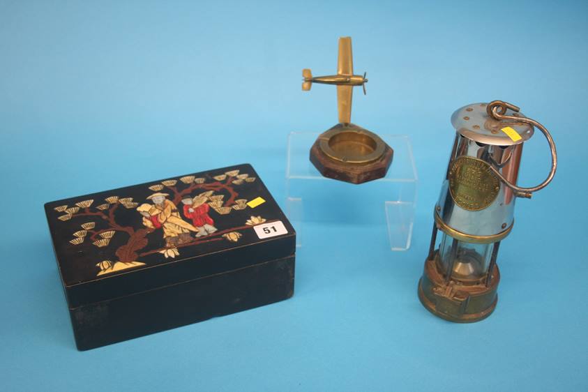 An Eccles miners lamp, two Oriental papier mache boxes and an ashtray