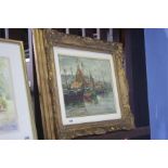 Gilt framed oil on canvas, Harbour Scene