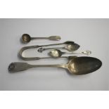 Various silver spoons and pair of sugar tongs