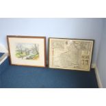 Two maps, watercolours etc.