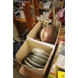 Two boxes of plates, copper brass etc.