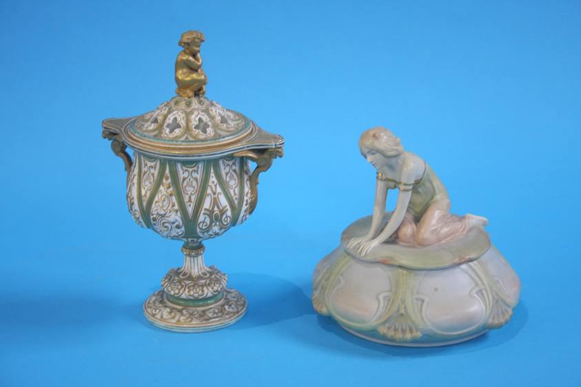 A Copeland pot pourri gilded with cherub finial an