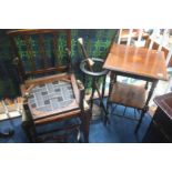 Two Edwardian chairs, stick stand and two sticks a