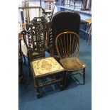 Carved oak hall chair and a stick back chair
